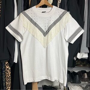 Vintage 80s 90s Cotton White Tee with Fringe and Crystals Western Retro Cowboy